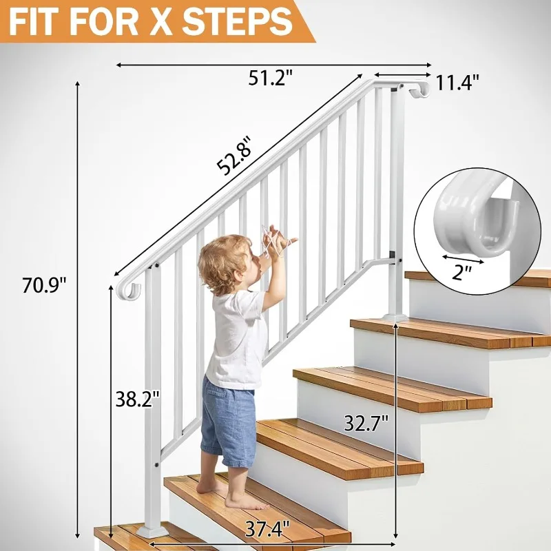 Outdoor step handrails, forged iron handrails suitable for 4 or 5 steps, transition handrails with installation kits (white)