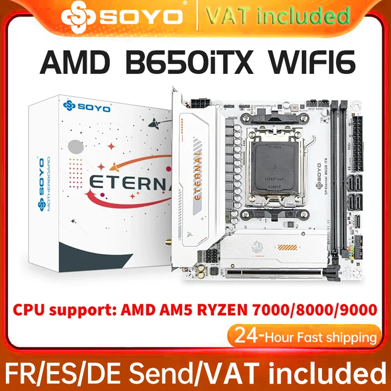 Carte mère SOYO B650ITX AMD, compatible avec les processeurs AMD Ryzen AM5 DDR5 7000 8000 9000, Pcie5.0x16 Pcie4.0x4 M.2 ARGB WIFI6