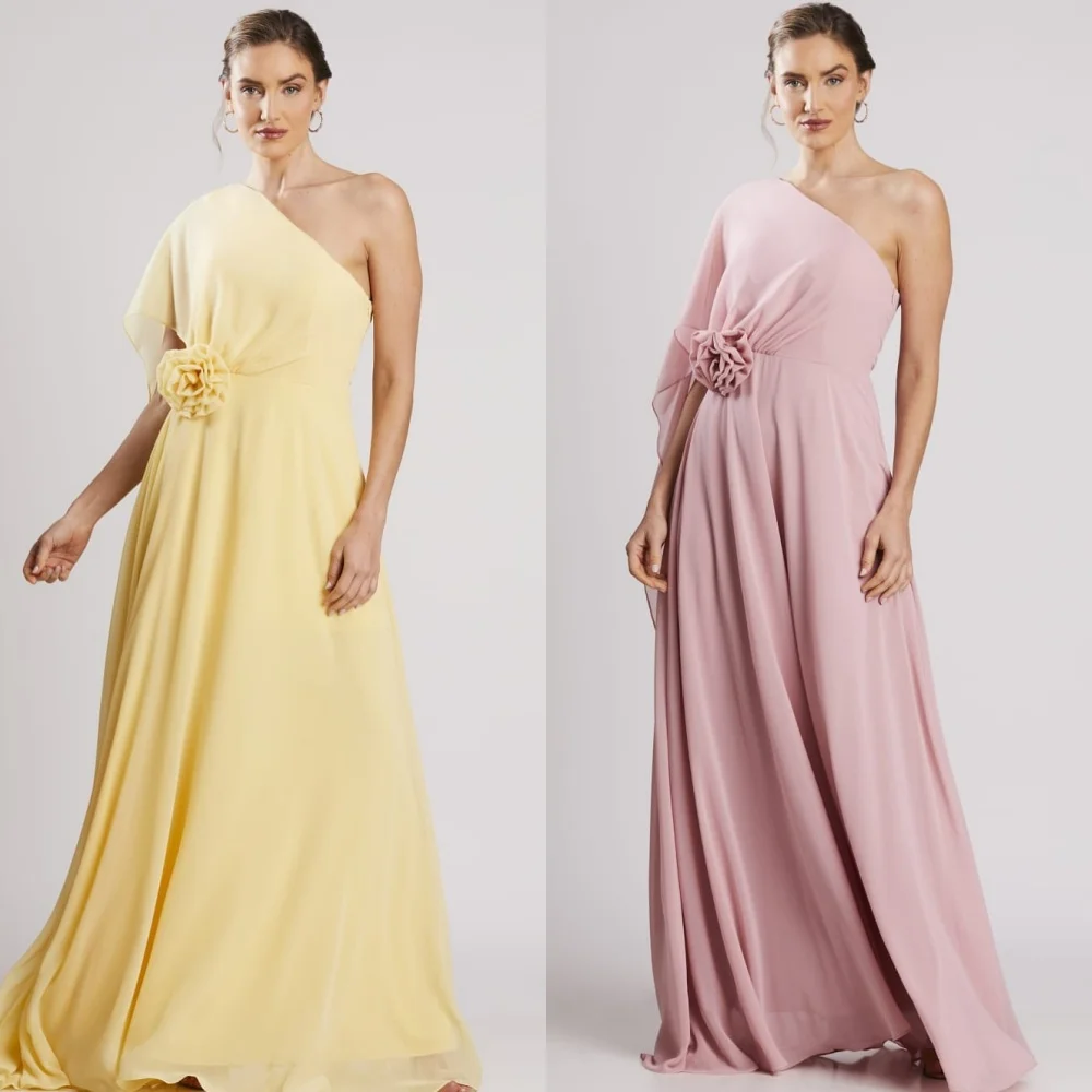 

Customized Classic Chiffon Draped Pleat Handmade Flower A-line One-shoulder Long Dresses Bespoke Occasion Dresses Elegant Simple