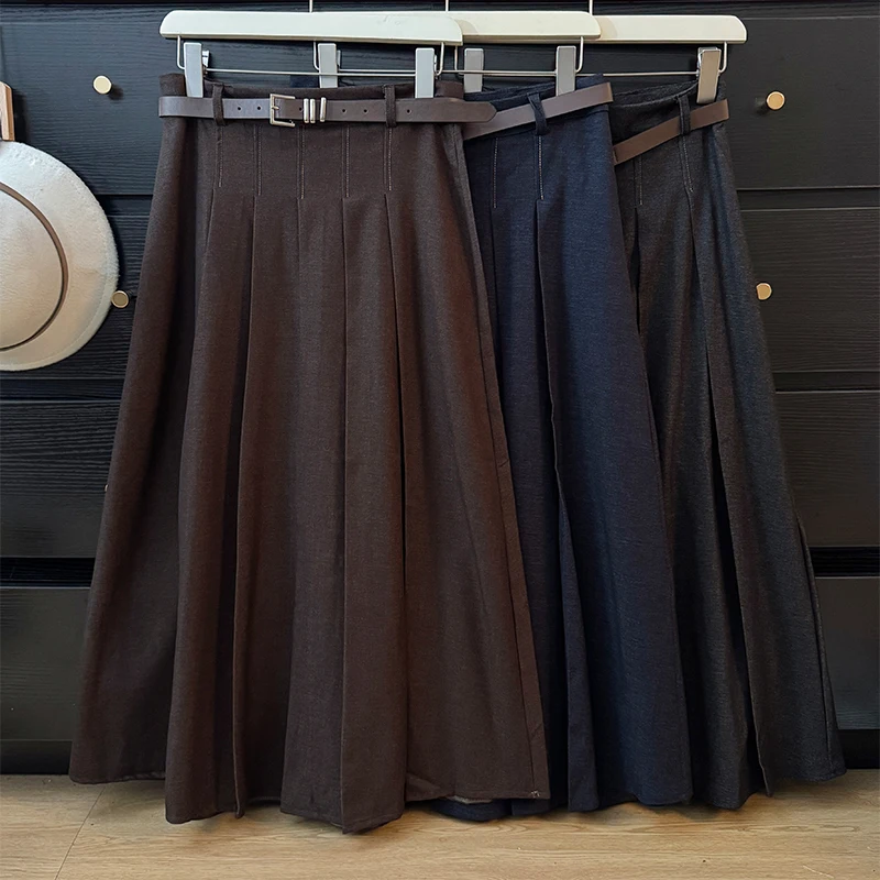 

Сплошная цветная простая плиссированная юбка, корейские модные юбки с поясом, женская осень 2021, свободная полуюбка трапециевидной формы с высокой талией