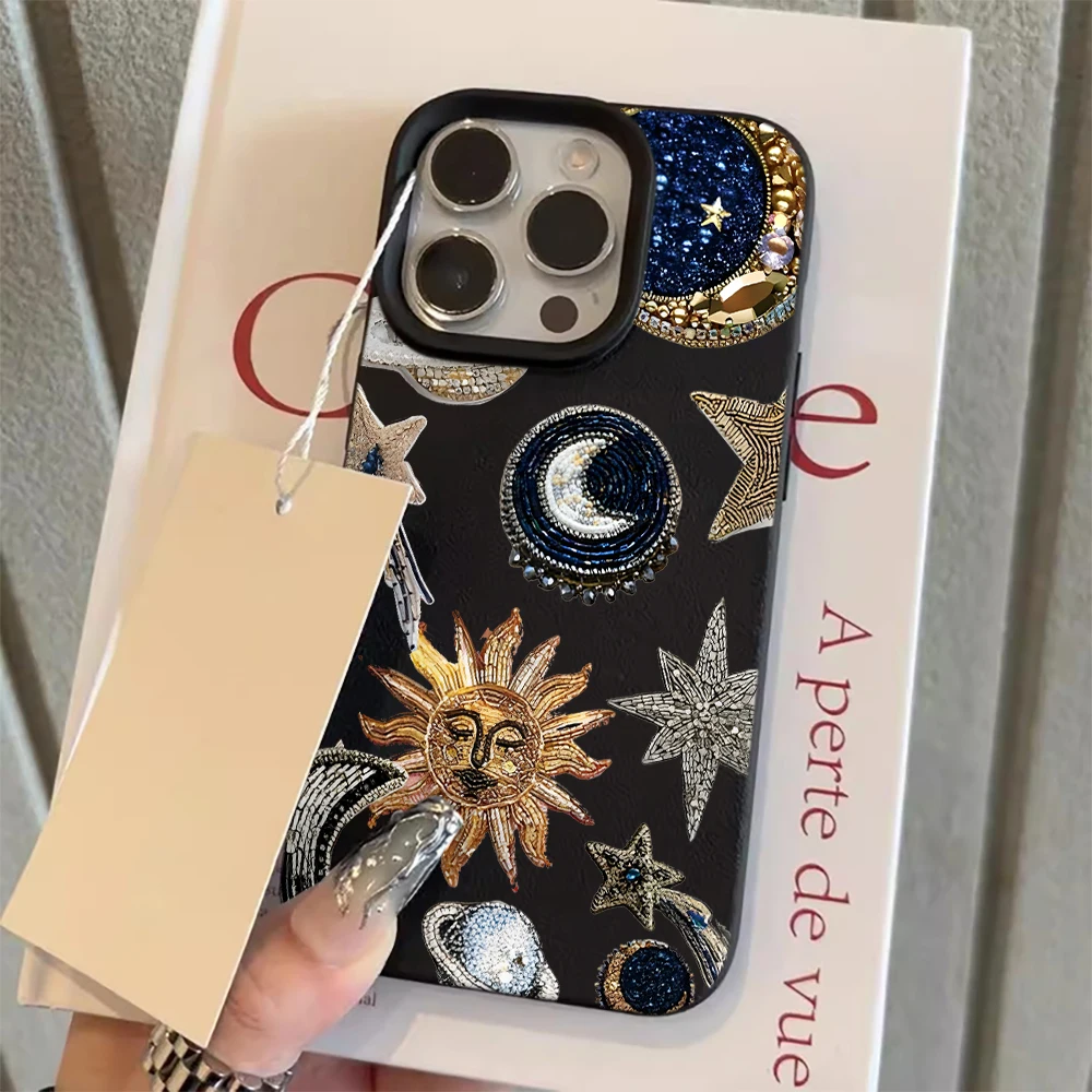 Sun Moon Star Lychee Texture  Case For iPhone 17 16 15 14 13 12 11 Pro Max Boho Celestial Astrology Shockproof Soft TPU Cover view 4