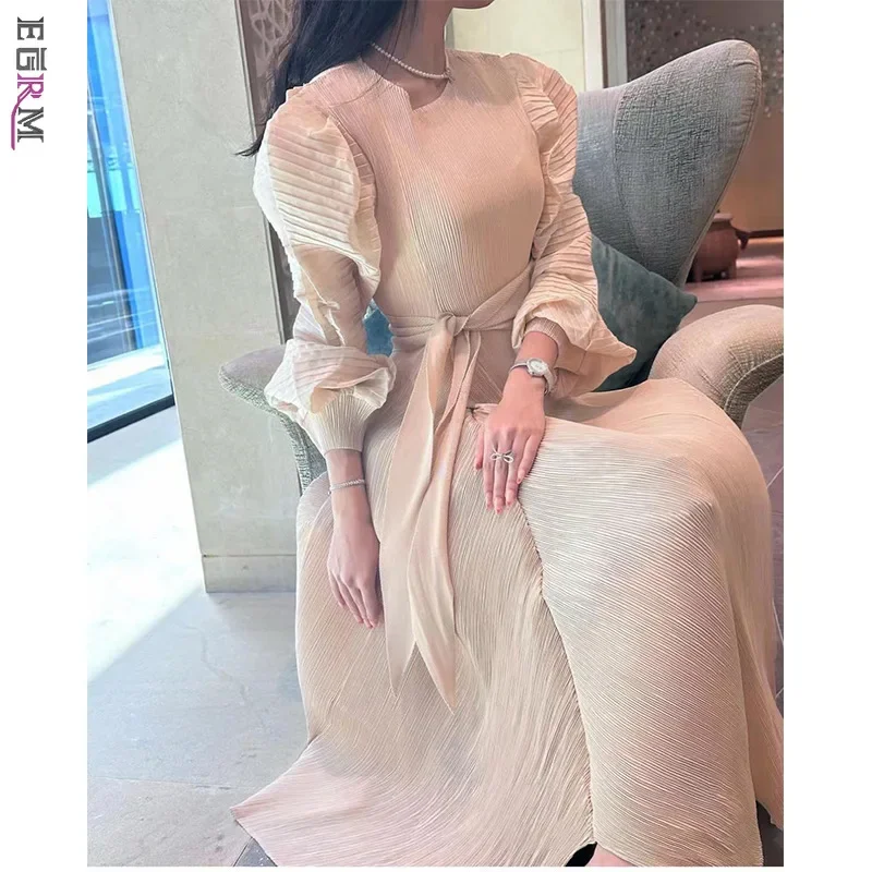 

EGRM 2025, весеннее новое плиссированное длинное платье Miyake Maxi, модное однотонное платье с рукавами-фонариками и круглым вырезом с поясом, женские вечерние платья 8GR2531