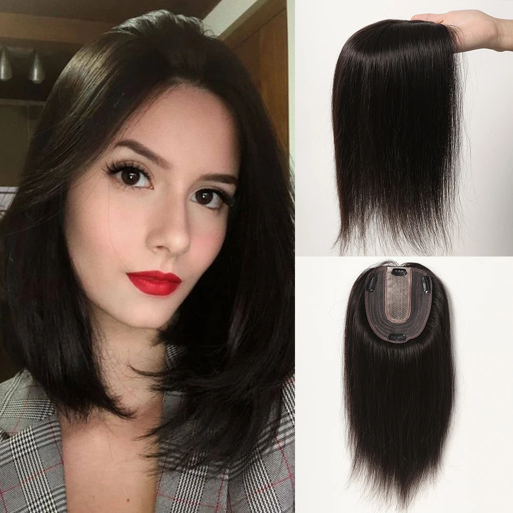 100% Remy Human Hair Toppers Natural Black Hair Toppers for Women with Thinning Hair in Topper Hair Silk Base 4 Clip Middle Part