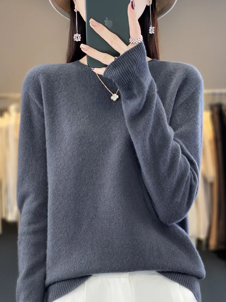 Sweater wanita lengan panjang, Atasan kemeja dasar wol Merino 100% leher O Pullover musim gugur musim dingin