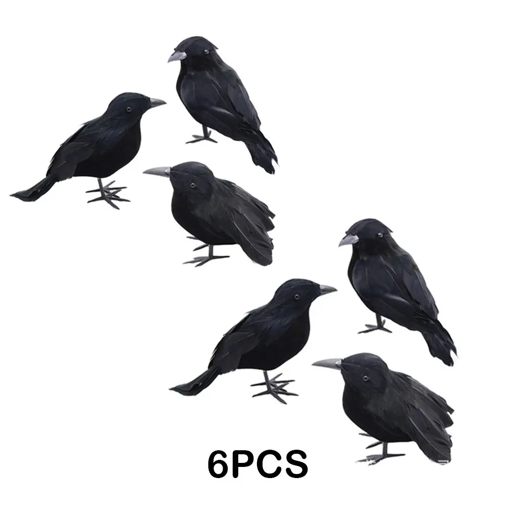 6PCS/Set Halloween Ornament Faux Black Feathered Crows For Home And Garden Deco Simulated Black Crow