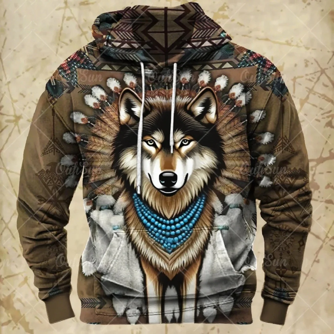 Retro Hoodie Men's Harajuku Wolf Print Fall Long-sleeved Sweater Oversized Y2k Clothing Men's Hoodie Fashion Streetwear