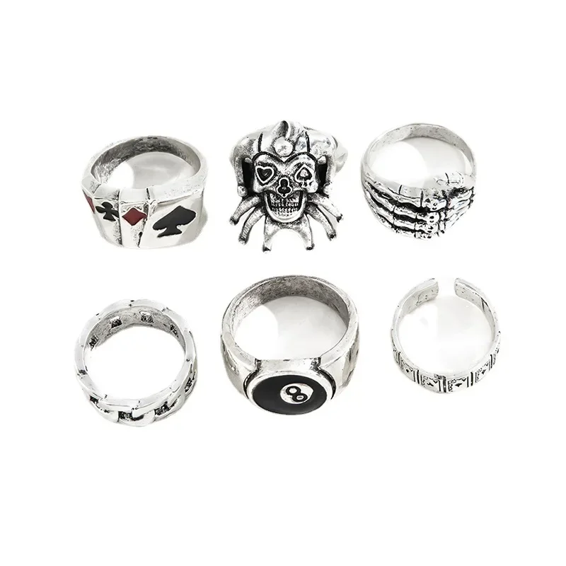 6 Piece Set Poker Clown Rings for Men Vintage Punk Skull Head Ghost Claw Fashion Ring For Women Unisex Motor Biker Ring ring