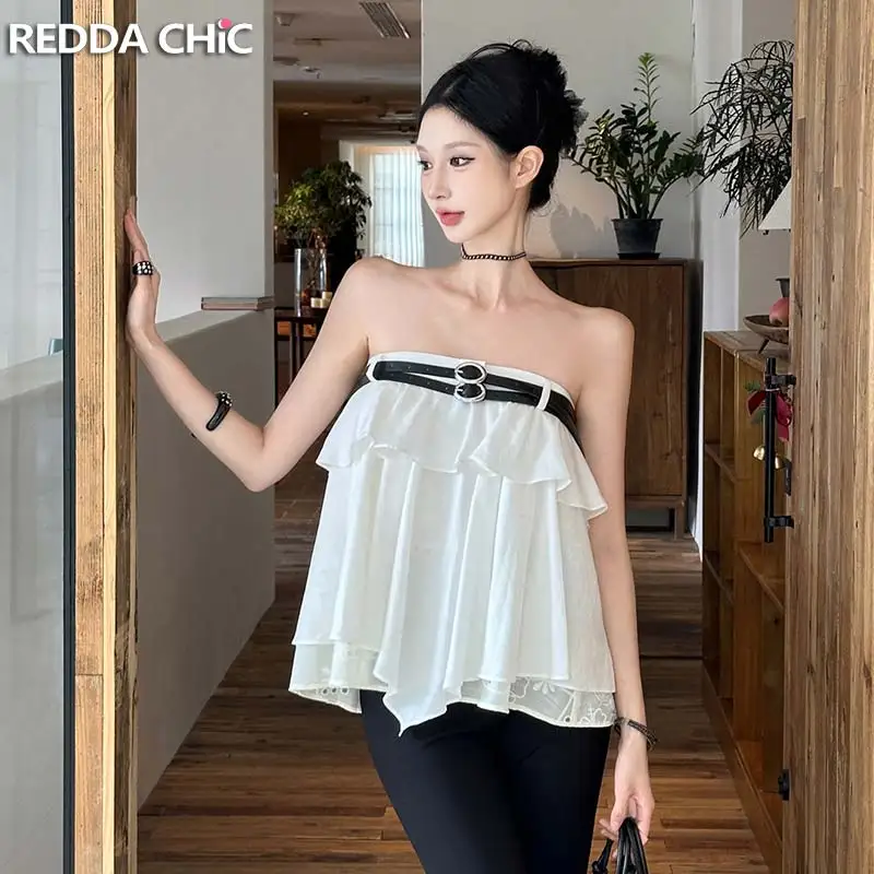 ReddaChic Women Ruffle Tiered Tube Top Trendy Double-Belt Bandeau Loose Fit Irregular Tank Sleeveless Camisole ICON Streetwear