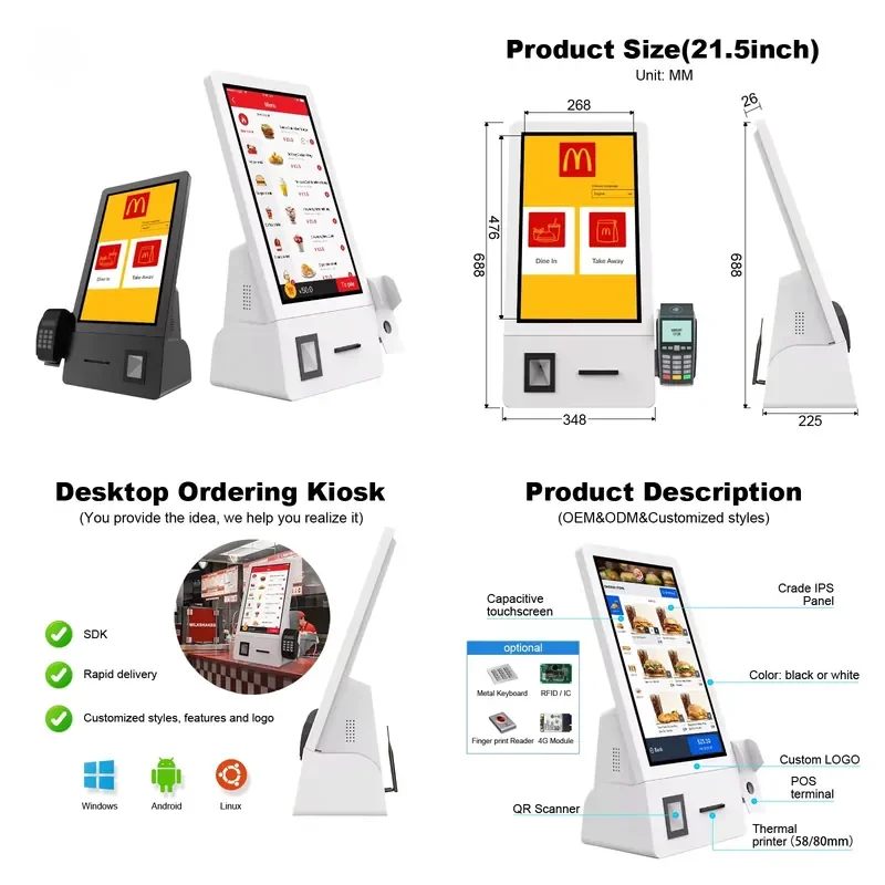 21.5 Inch Touch Payment Kiosk with Nfc Card Reader Printer Camera for Retail Store Shopping Mall Food Court Supermarket