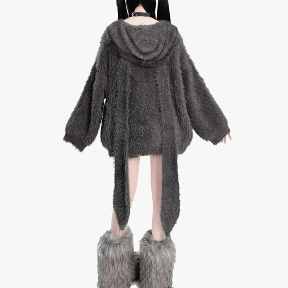 Kawaii Y2k estetyczny śliczny uszy królika sweter z kapturem Harajuku wróżka bandaż Grunge płaszcze Streetwear kobiety puszysty sweter płaszcz