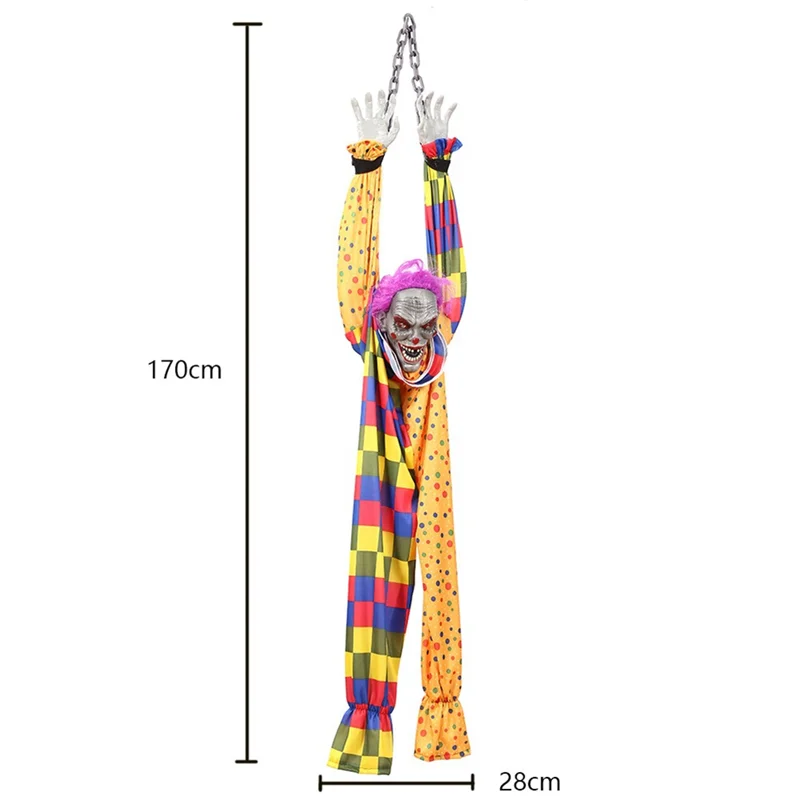 5.6 Ft Halloween Hangende Geanimeerde Pratende En Schuddende Enge Clown Met Ketting, Aanraking Geactiveerd Voor Halloween-Decor