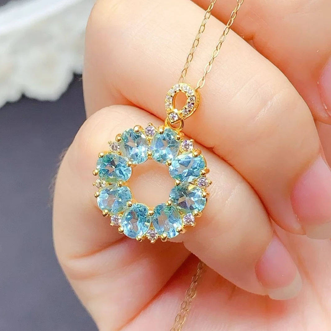 925 Silver Gemstones Circle Pendant 4x5mm Natural Topaz Pendant with Free Certificate Fine Jewelry Gift for Women