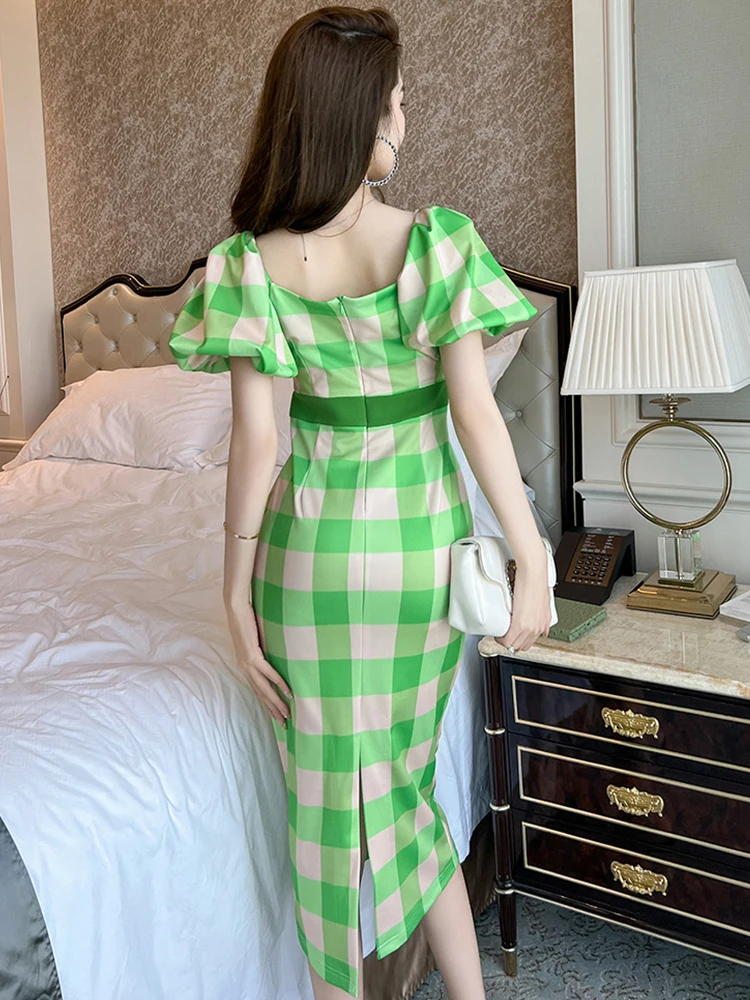 Sweet Elegant Midi Dress for Women Green Pink Black Bubble Sleeve High Waist Wrap Hip Robe Femme Party Holiday Street Vestidos