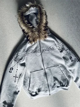 Winter Fashion Streetwear Women's Gothic Punk Faux Fur Hooded Jacket With Cross Print Trendy Edgy Zip - Up Sweatshirt 2026 New 2