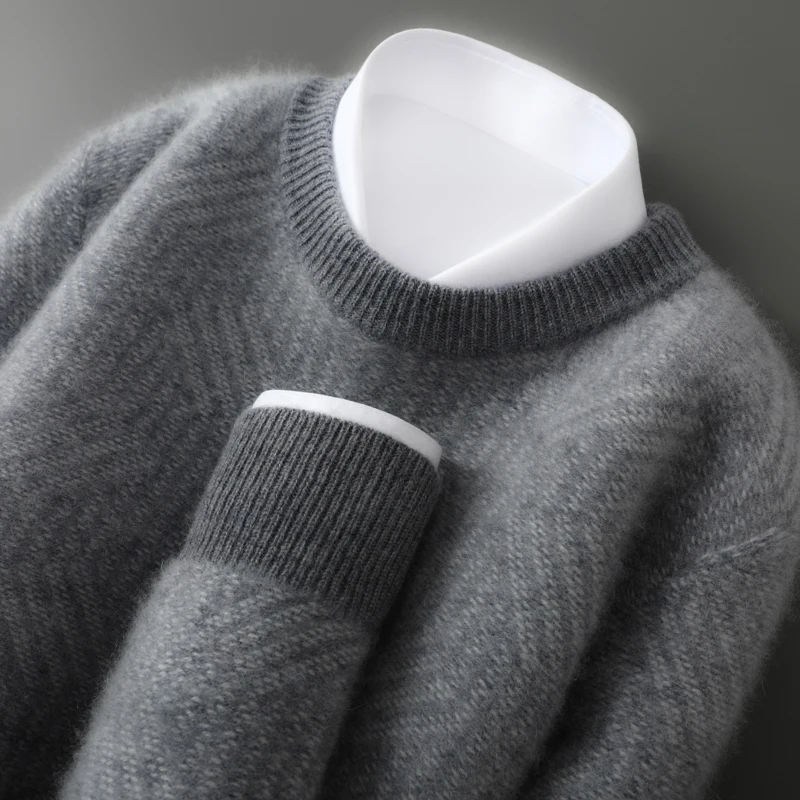 Autumn and winter new round neck 100% pure wool sweater contrasting color men's sweater loose casual business knit base pullover