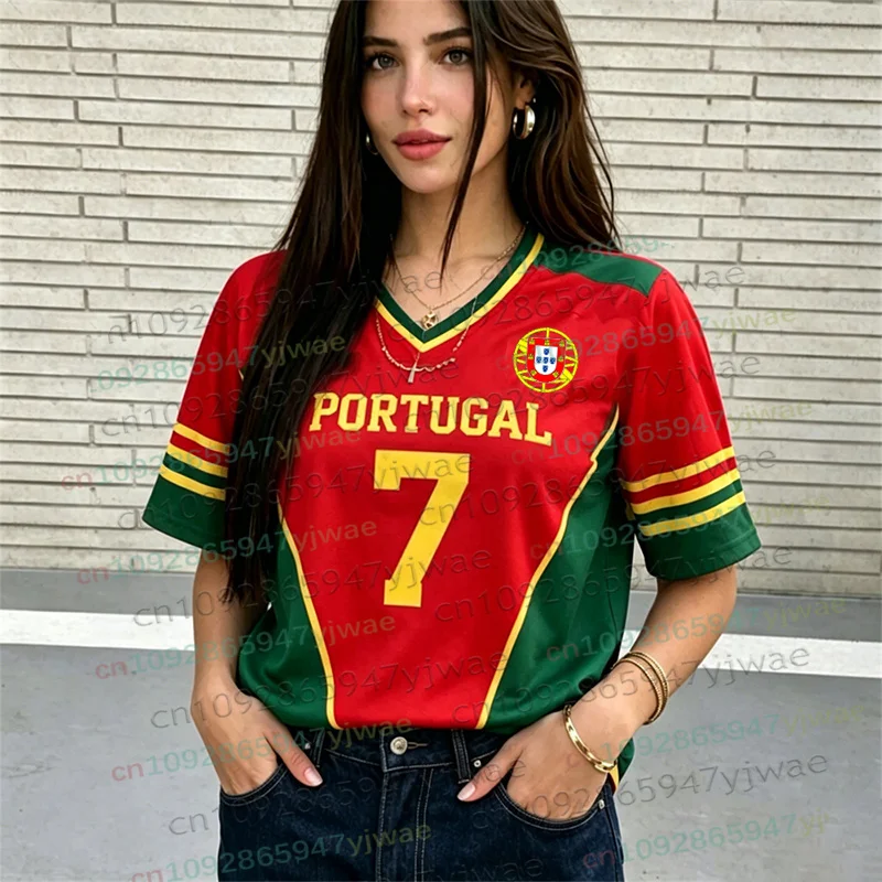 2026 Women Men Cheerleaders PORTUGAL NO.7 Y2k Tops Summer Soccer Short Sleeve Jersey Casual Tees Hip Hop Parent-child T-Shirts