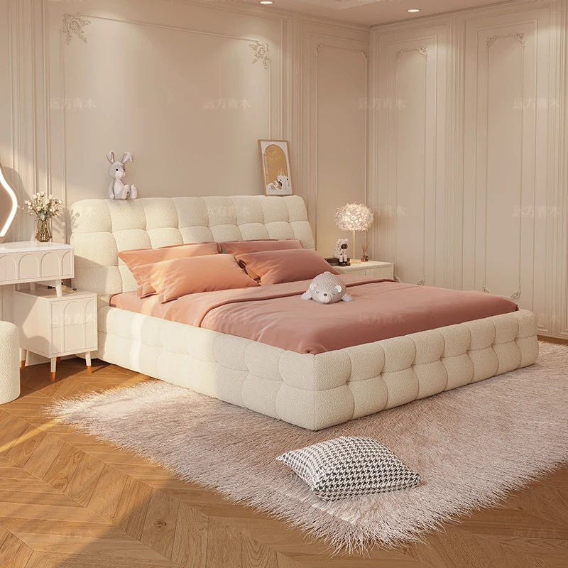 Marshmallow puff bed, simple lambswool queen bed, master bedroom, creamy white double bed