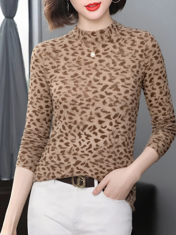 

Stylish Leopard Print Thermal Long Sleeve Half High Collar Bottoming Shirt for Women Middle-Aged Mom Autumn Winter Fashion
