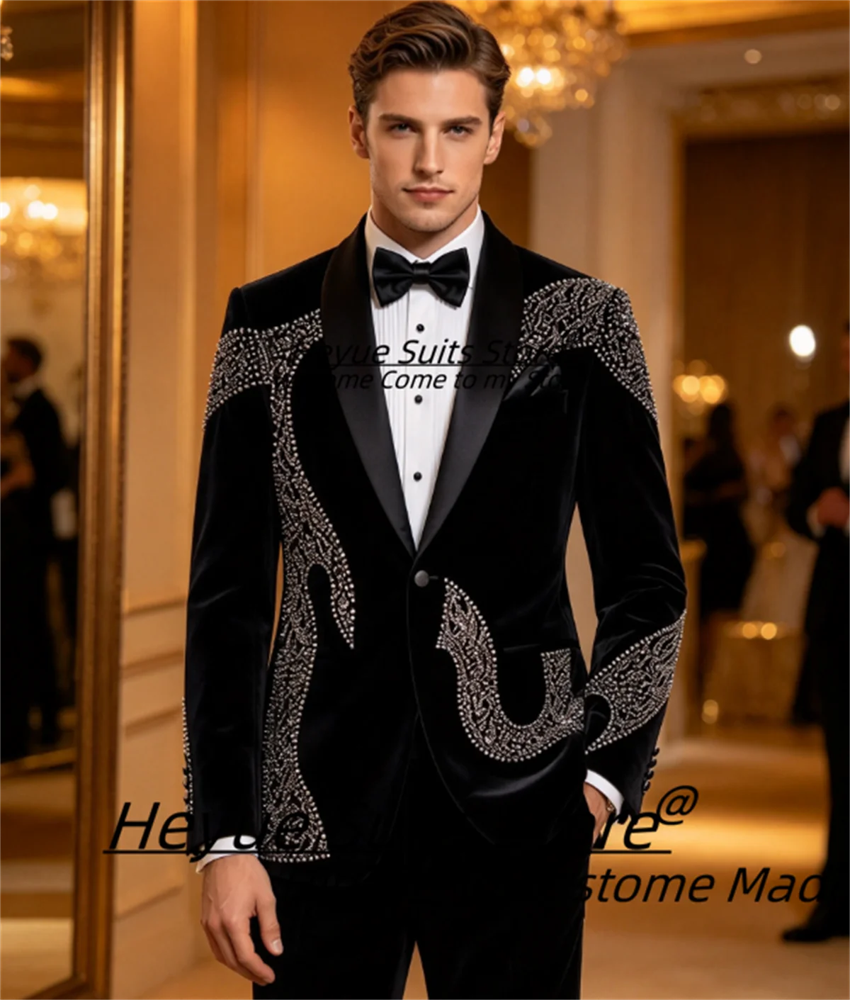 Elegant Black Velvet Men Suits Customized  Handmade Rhinestone Embroidery Shawl Lapel Groom Wedding Tuxedos2Pcs Sets Ropa Hombre