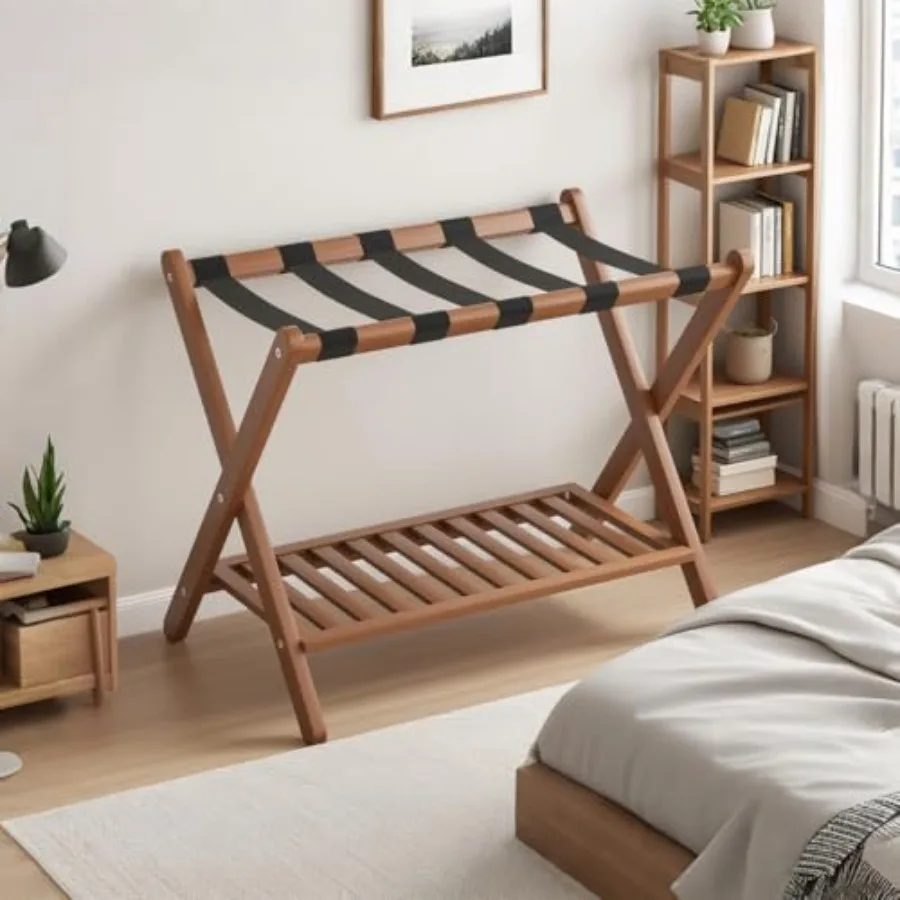 

Bamboo Luggage Rack with Shoe Shelf Folding Suitcase Stand with 5 Heavy-Duty Straps for Guest Room Living Room Hotel Ideal Lugg