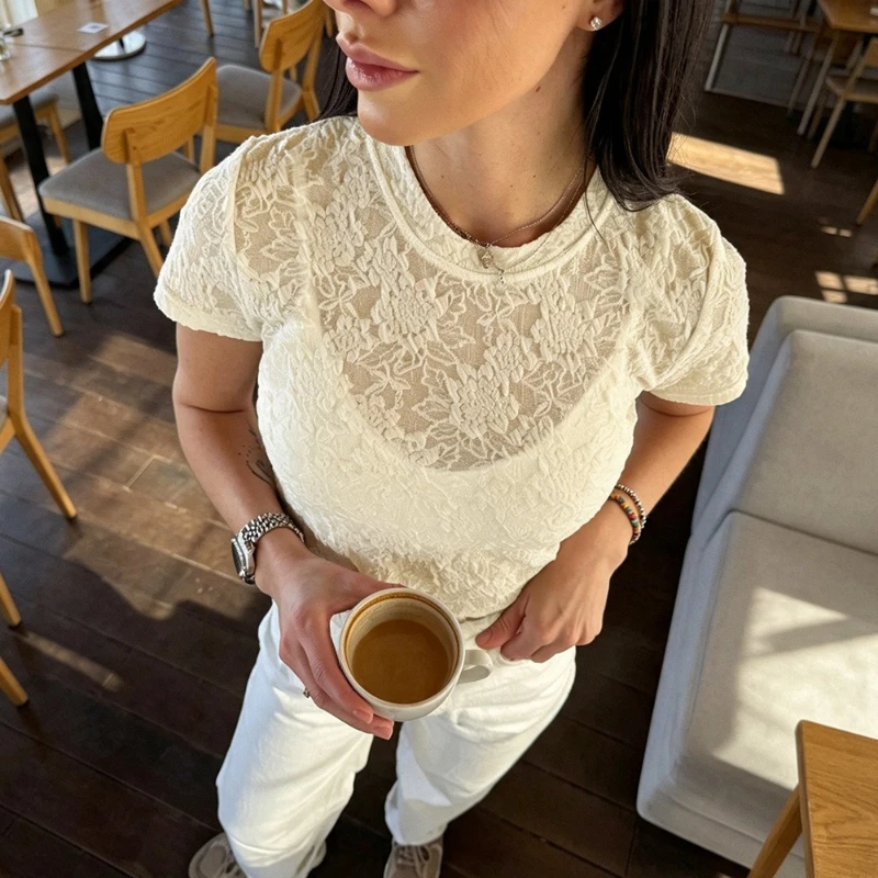 Trendix Women Floral Lace Short Sleeve Round Neck Slim Sheer Hollow Top Pullover Elegant T-Shirt Casual Streetwear 2026 Summer
