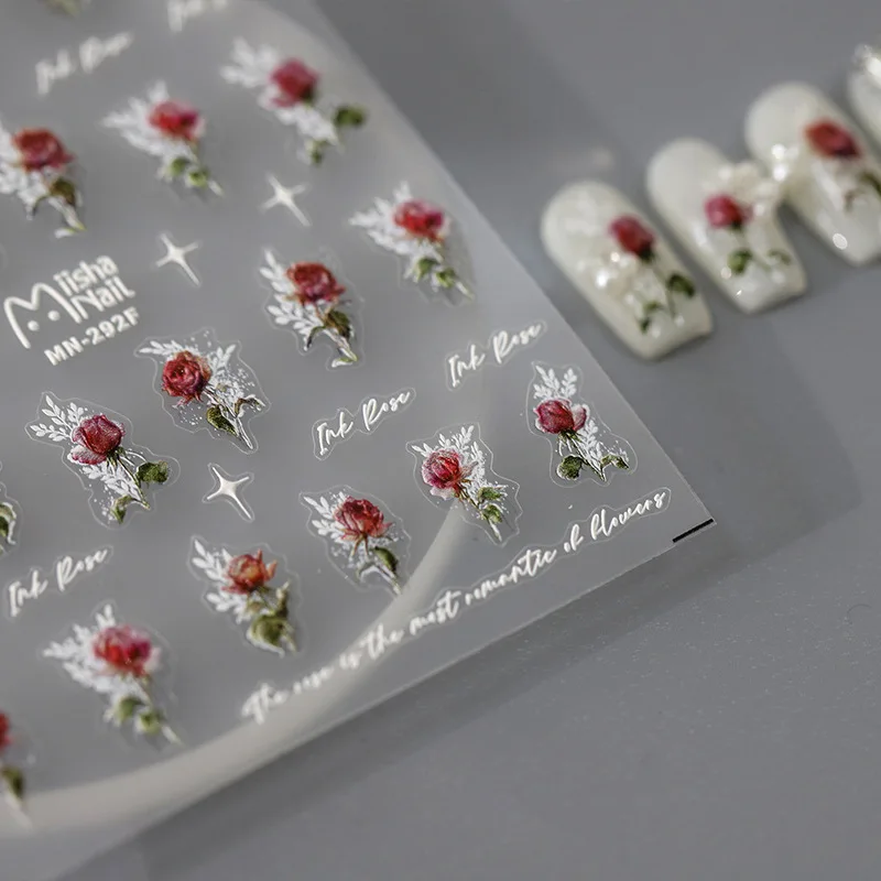 Pink Red Ink Rose Flowers 5D Soft Embossed Reliefs Self Adhesive Nail Art Stickers High Quality 3D Manicure Decals Wholesale