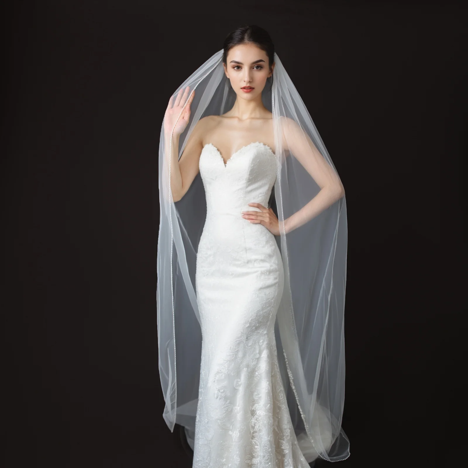 

Свадебная фата с бисером и кристаллами жемчуга, однослойная фата белого цвета, светлого цвета слоновой кости, свадебный аксессуар, доступны различные размеры G34