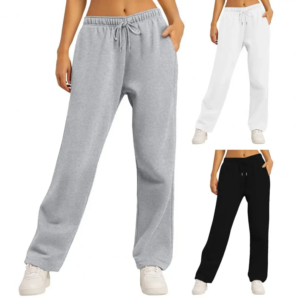 กางเกงทรงขาที่ประจบอินเทรนด์เอวสูงผู้หญิง Joggers กางเกงขากว้างตรงพร้อมกระเป๋าขนแกะ Baggy สําหรับลําลอง