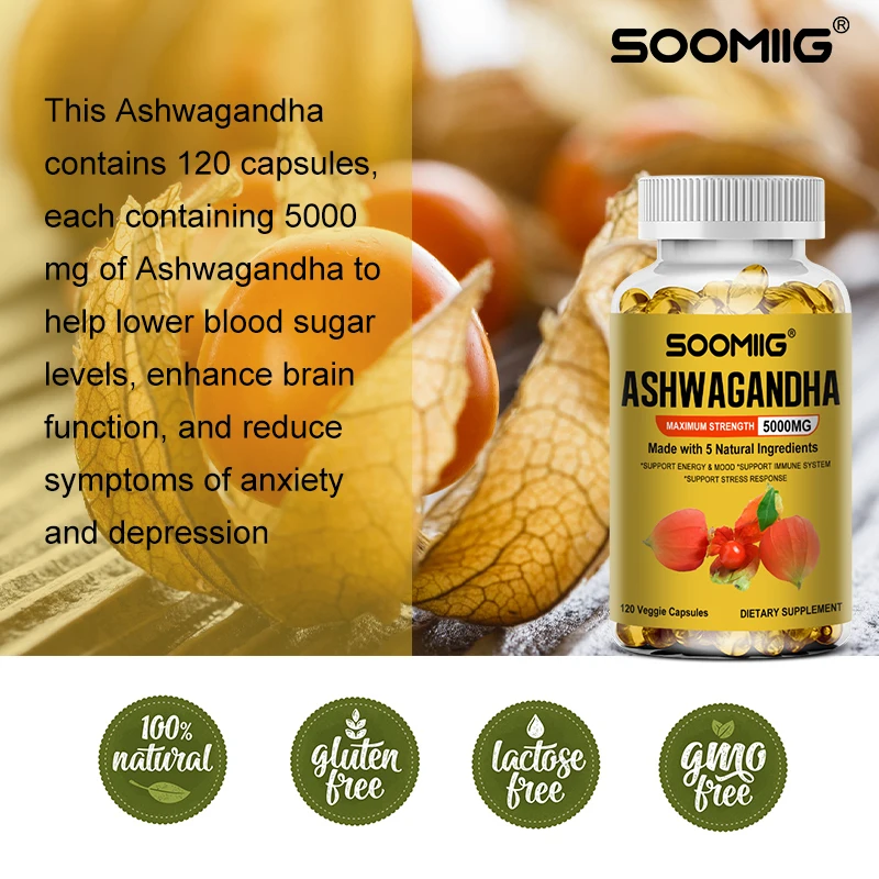 Natural Ashwagandha 5000 Mg Vegetarian Capsules Pure Ashwagandha Root Extract for Mood and Stress, Immunity, Brain and Memory
