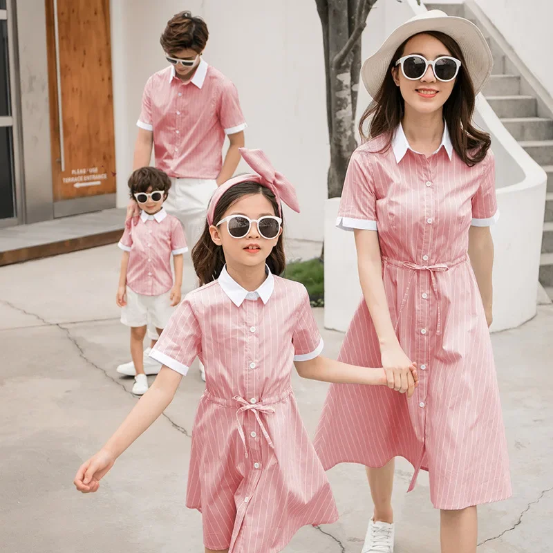 2024 Family Matching Tee Shirts for Dad Mother Daughter Shirt Dresses Striped Blouse Mommy and Me Clothes Mom Son Outfits