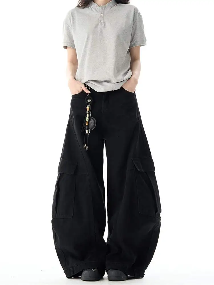 Saimt الأمريكية الرجعية تصميم كبير كيت الربط عمال واسعة الساق فضفاض الجينز الرجال النساء عارضة القطن الدنيم السراويل #3