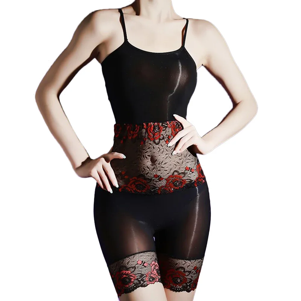 Women Sexy 5D Thin Bodysuits Straps Tops Oil Shiny Glossy Lace Patchwork Elastic Tights Yoga Shaping Sheer See Through Jumpsuits