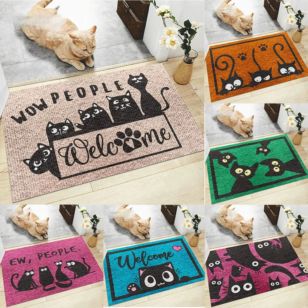 Cute Black Cats Welcome Doormat with WOW PEOPLE Text and Paw Print Design Non Slip Indoor Outdoor Entrance Rug for Pet Lovers