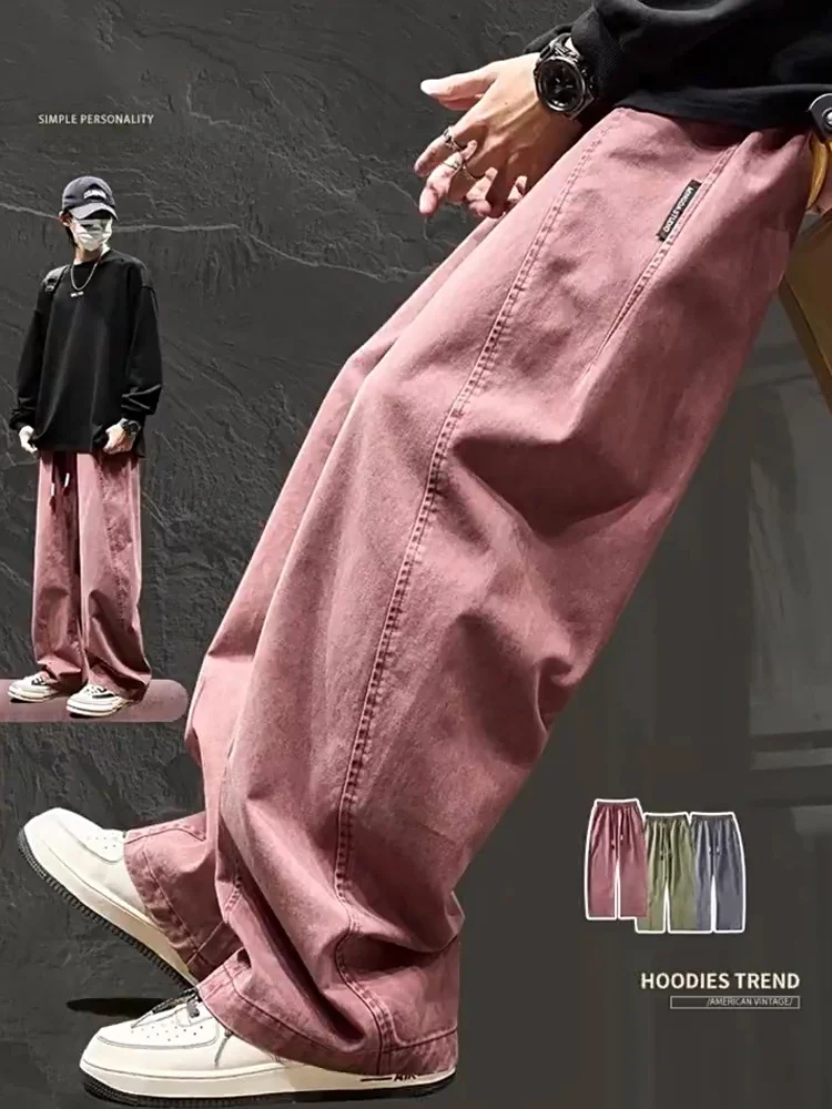 

Retro American Casual Thiened Fce Pink Work Pants Men's Loose Straight Knife Pants Trousers Faionable Breathable Cotton