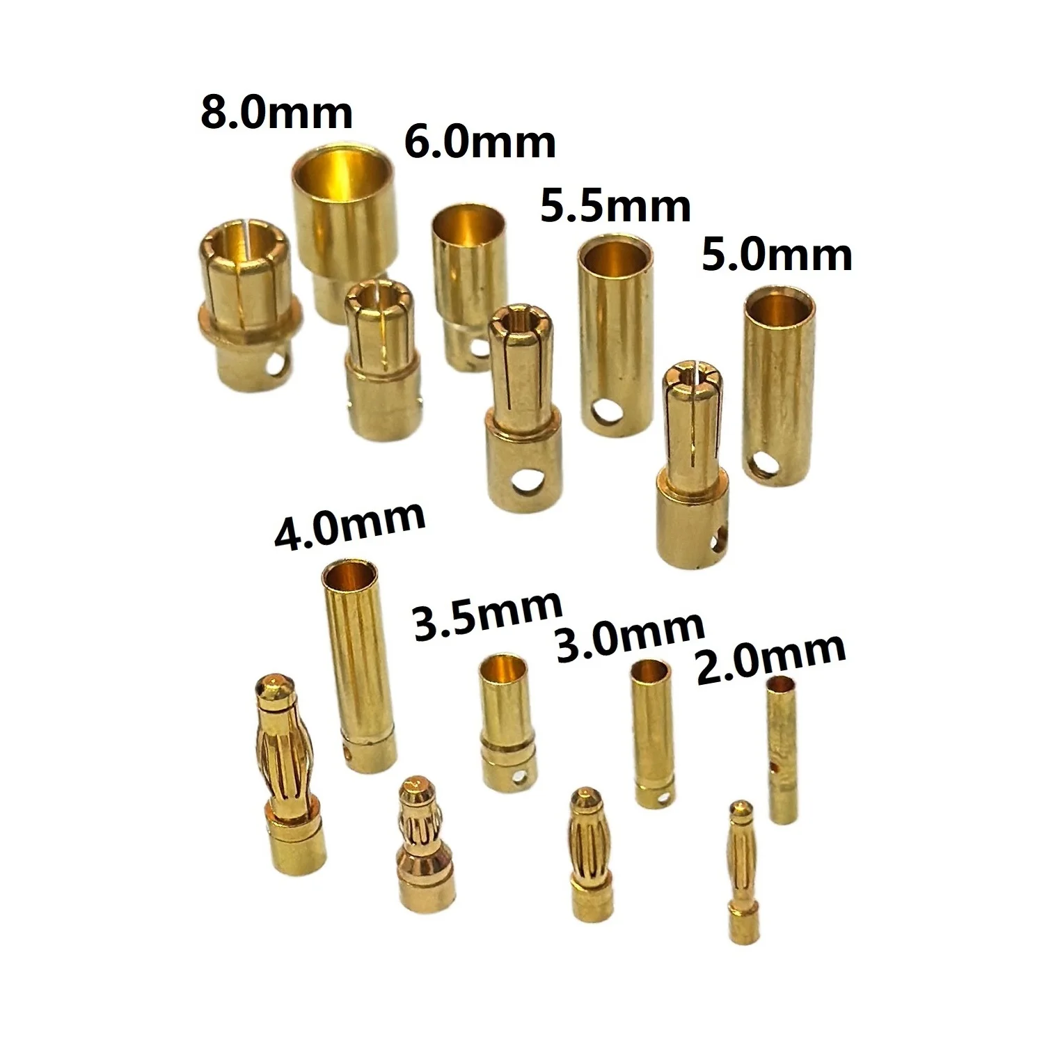 20 pair/lot 2.0mm 3.0mm 3.5mm 4.0mm 5.0mm 5.5mm 6.0mm 8.0mm Gold Bullet Banana Connector Plug For ESC Battery Motor ESC