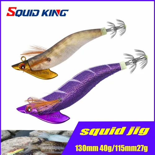 바다 낚시용 인공 오징어 후크 지그, 야광 오징어 지그, 스피너 베이트, 나무 새우, 27g, 40g