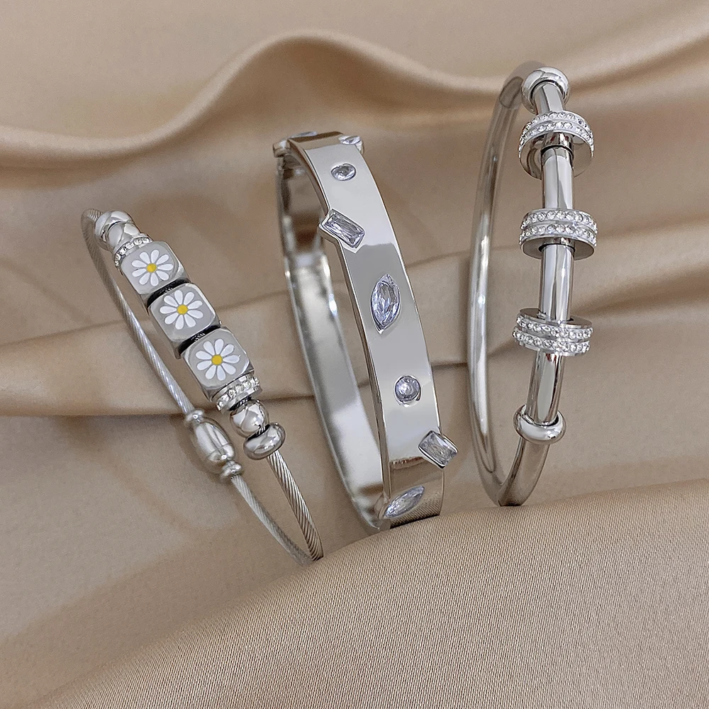 

Fashion Irregular Bead Stainless Steel Bangle for Women Silvery Zircon Waterproof Spring Bracelet Daily Lady Jewelry Accessories