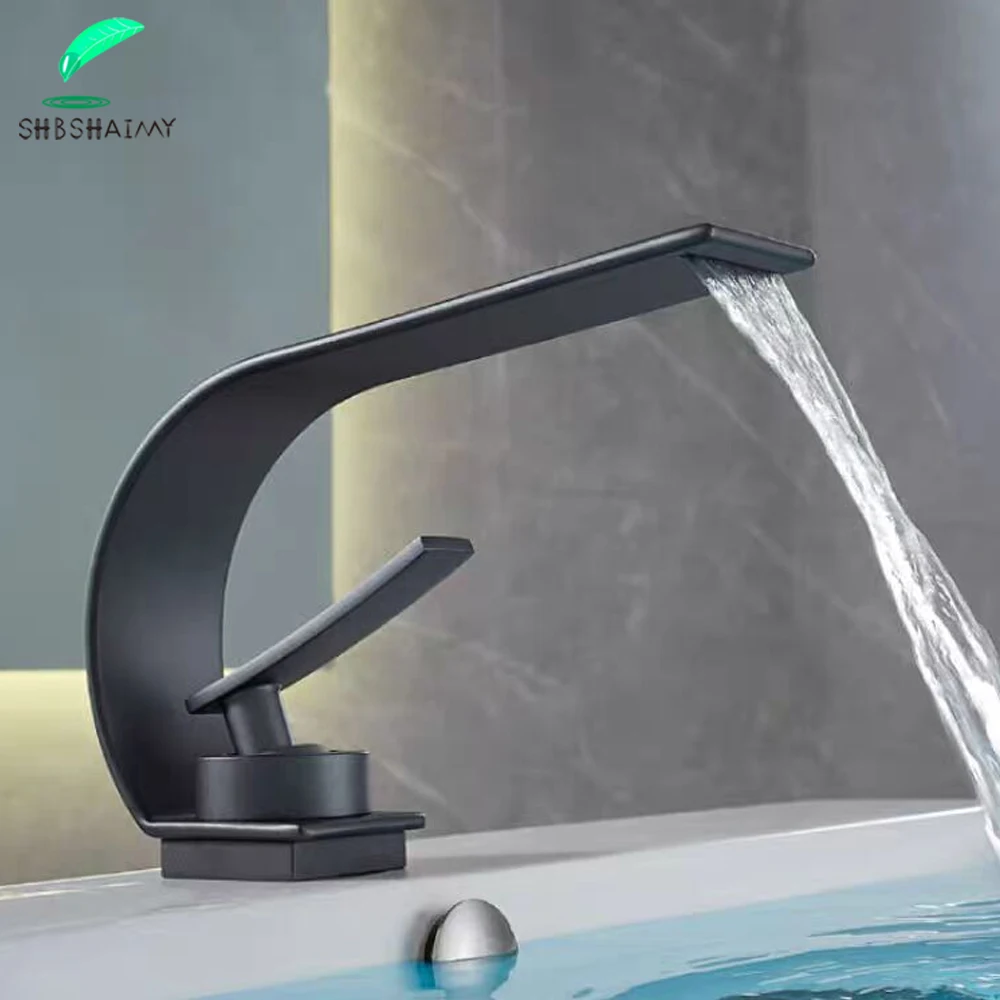Description Picture 2 of itemBlack Curve Single Handle Bathroom Sink Faucet Hot Cold Mixer Water Tap Waterfall Vanity Vessel Sink Faucet Washbasin Crane