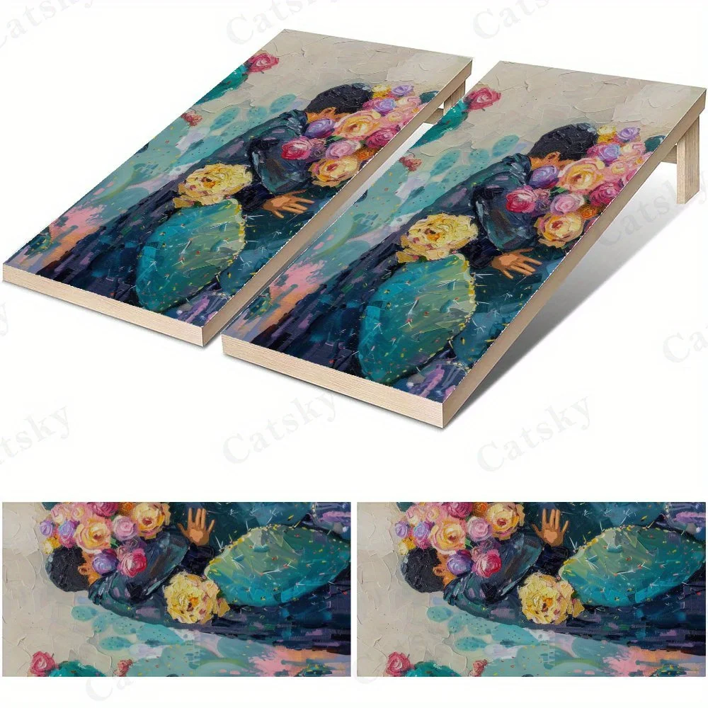Person with Flower Bouquet,Cactus Field Scene,Colorful Floral Art,High Value! 2D Flat Vinyl Sandboard Stickers - Bubble-Free, Ea