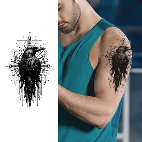 Crow Geometric Background Waterproof Realistic Temporary Tattoo Sticker, Lasting 1-2 Weeks, for Arm, Semi-Permanent Fake Tattoo