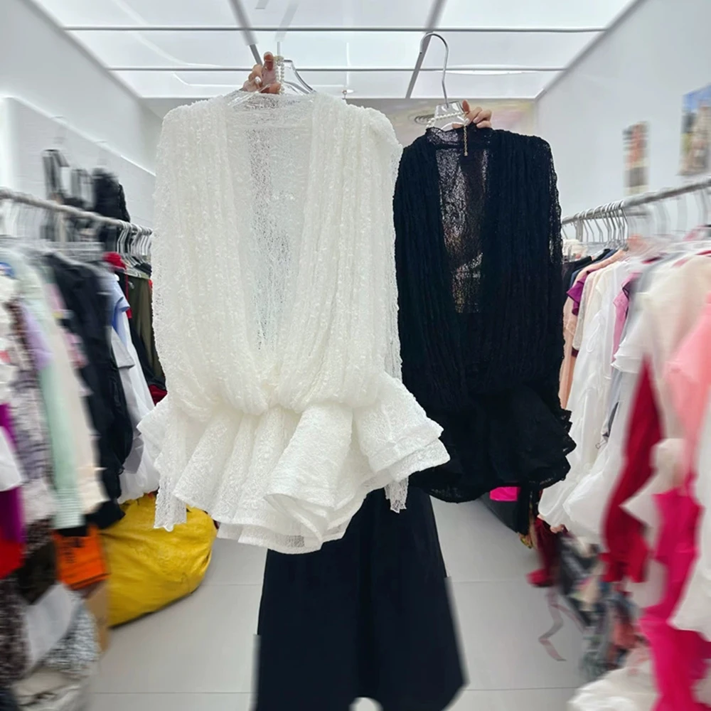 

European and American French mesh lace long sleeves with pleated puffy design pure desire style dress-GZXX326