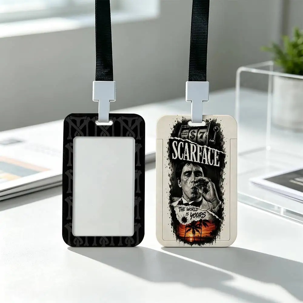 S-Scarface Action Movie Clear Window ID Card Holder, Business Badge Holder With Neck Lanyard, Office Work Permit Card Cover