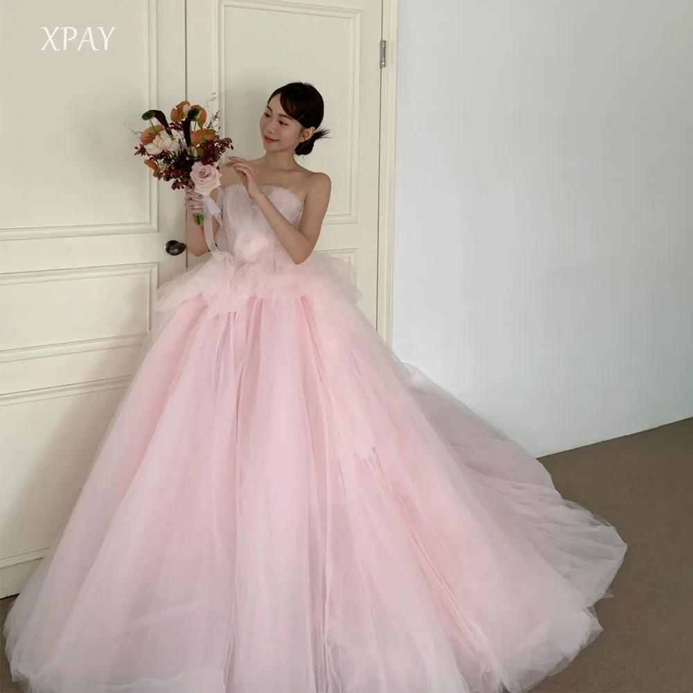 فساتين XPAY Princess Pink بدون حمالات بطيات كورية على شكل حرف a للحفلات لالتقاط الصور بطول الأرض فساتين منتفخة مخصصة