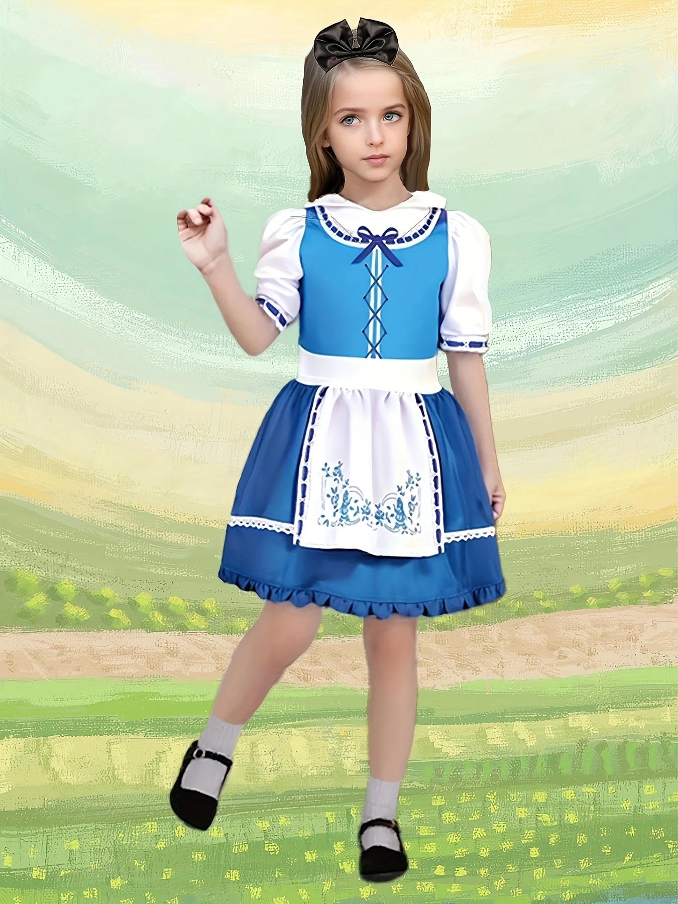 

Cute Style Dress Set for Girls: Faux Two-Piece White Apron Dress, 1 Girl's Dress with Doll Collar and Mid-Sleeves + 1 Black Bow Headband, Cute Girls' Halloween and Various Carnival Holiday Party Outfits, Girls' Maid Holiday Performance Costumes