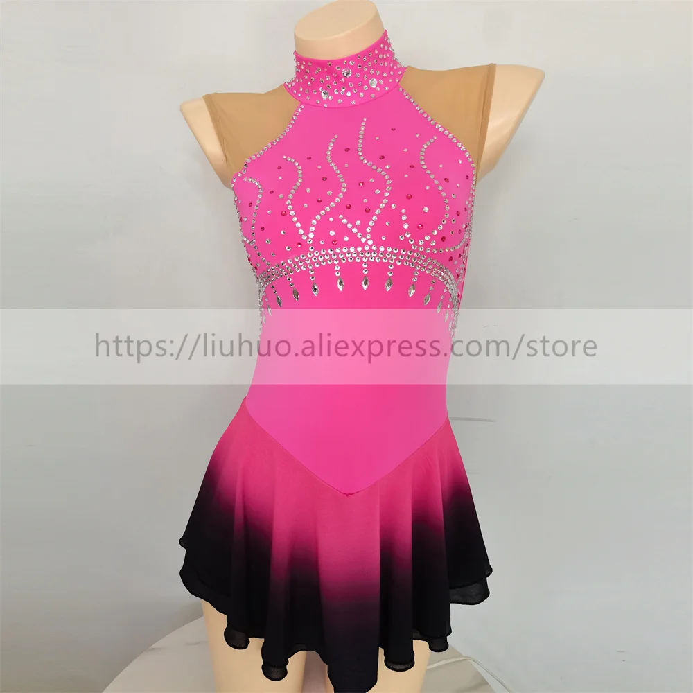 LIUHUO Women Aldult Teen Girl Customize Gradient Costume Performance Competition Leotard Ice Figure Skating Dress Pink Dance Kid