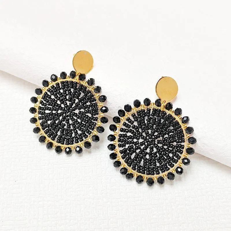 Rice bead earrings Roundness Sunflower Originality Black. Hollow out Hand knitting Bohemia Alloy Fashion Simple Beaded earrings