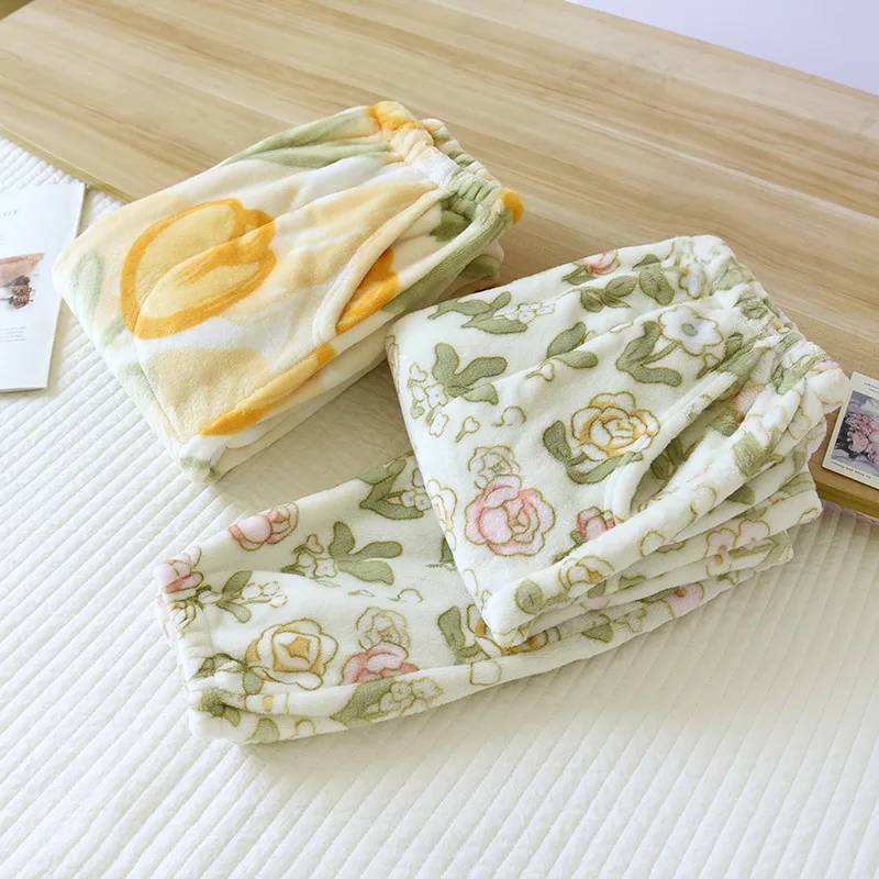 Pantalones de pijama para mujer, pantalón de franela con flor de felpa, terciopelo coral grueso, con cierre, grande, para el hogar, otoño e