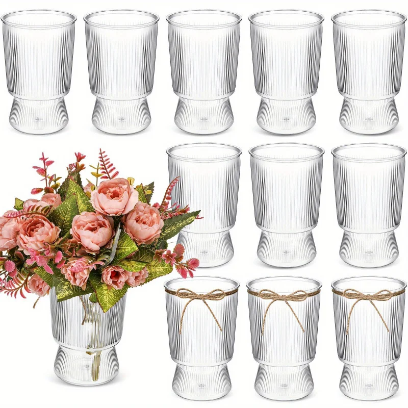 Clear Fluted Ribbed Plastic Flower Vase Glass Look Hydroponic Plant Vase Tabletop Centerpiece Home & Wedding Event Decor Supply