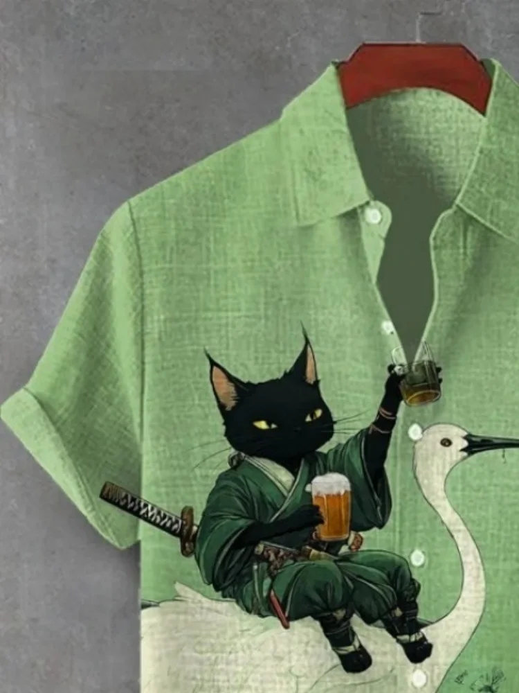 Men's Retro Calligraphy Art Black Cat And Crane Print Short Sleeve Shirt Vintage Harajuku Green Blouse Fashion Lapel Collar Tops