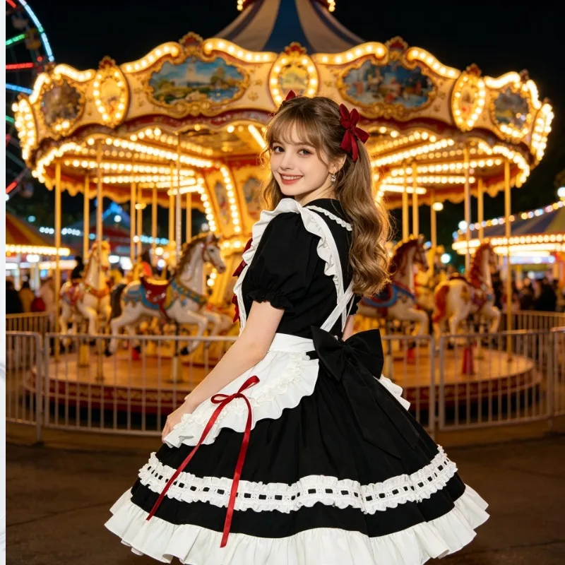 

Classic Black and White Lace Vintage Ruffle Edge Apron Lolita Short Skirt Wine Red Tie Bow Cute Girl Soft Girl Daily Dress